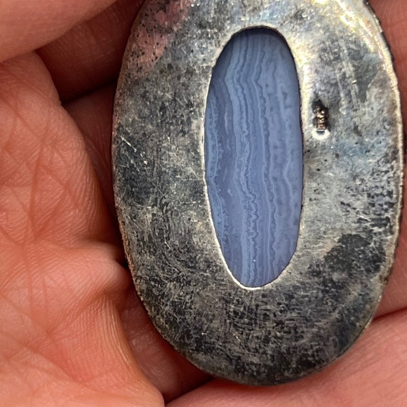 Vintage Sterling Silver Blue Lace Agate Pendant Oval Beaded Edge Setting 925 - Picture 4 of 5